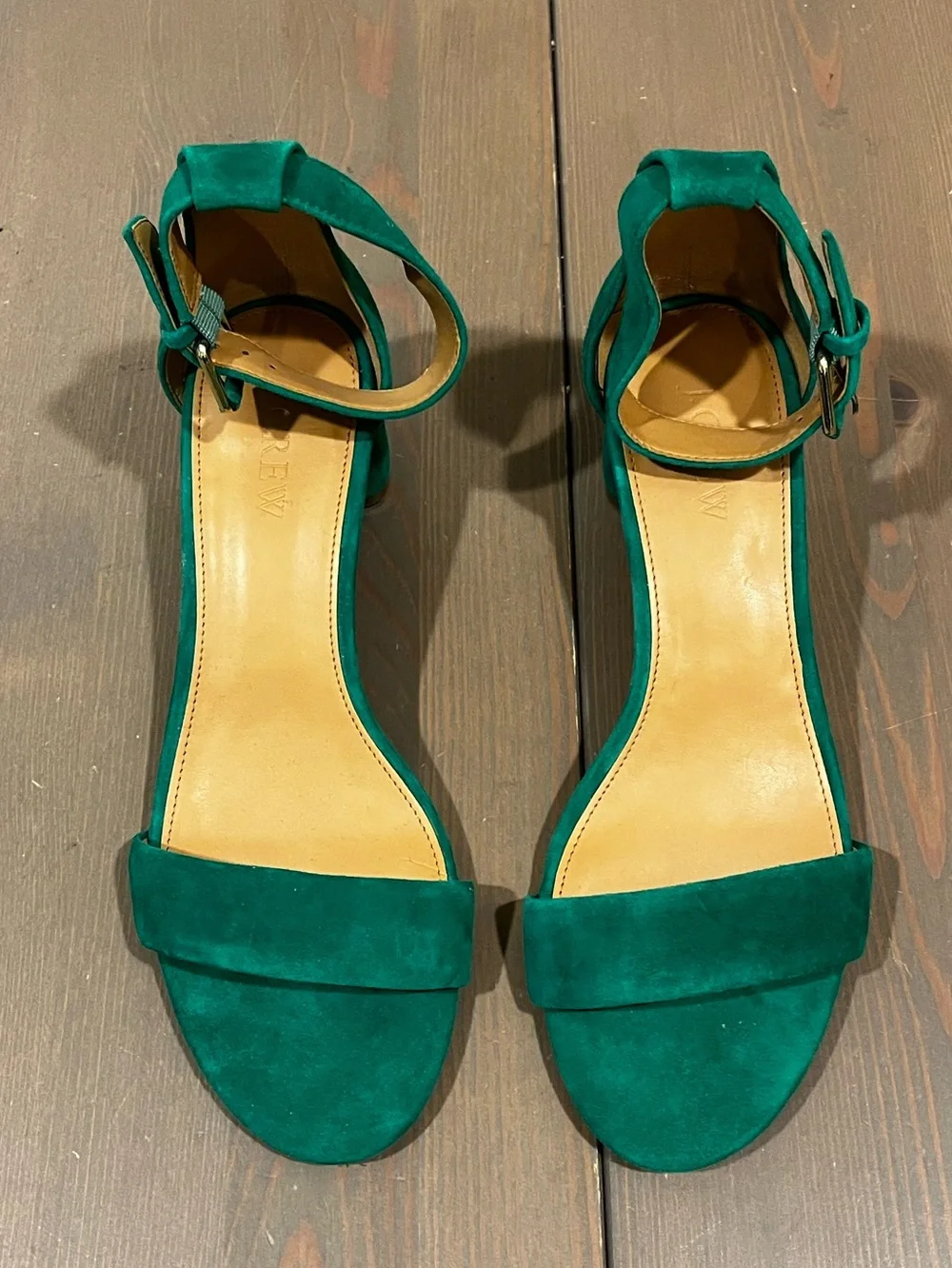 J Crew Sandals Green Suede Chunk Heel Open toe ankle strap Size 6.5 Office